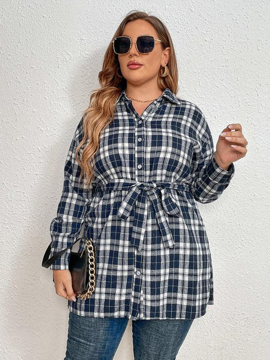 Women’s Plus Size Plaid Pattern Long Sleeve Button Down Tie Waist Longline Shirt
