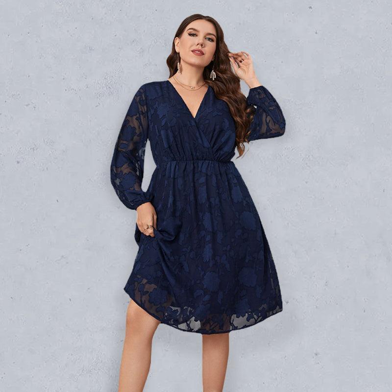 Women’s Plus Size Puff Long Sleeve V Neck Lace Midi Dress