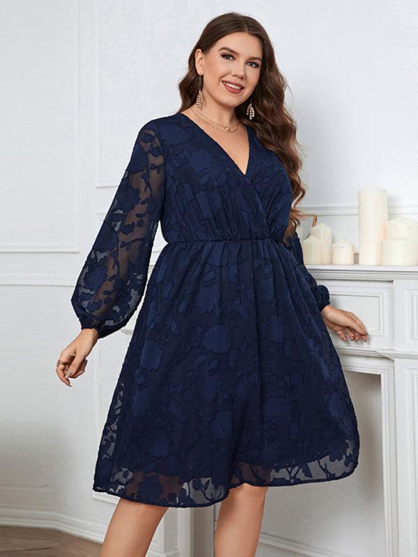 Women’s Plus Size Puff Long Sleeve V Neck Lace Midi Dress