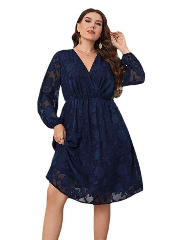 Women’s Plus Size Puff Long Sleeve V Neck Lace Midi Dress