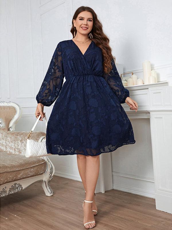 Women’s Plus Size Puff Long Sleeve V Neck Lace Midi Dress