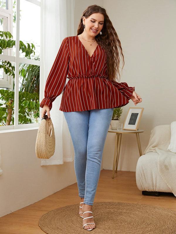 Women’s Plus Size Stripe Wrap Long Sleeve Top