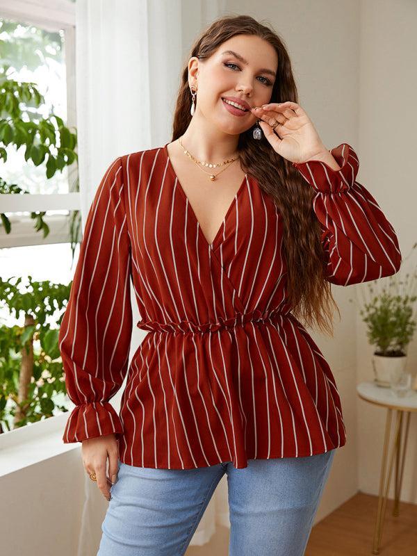 Women’s Plus Size Stripe Wrap Long Sleeve Top