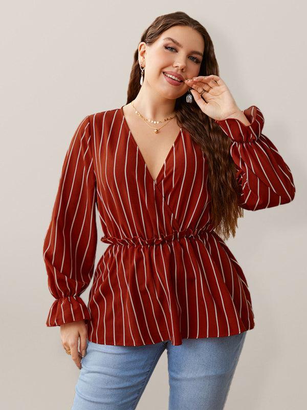 Women’s Plus Size Stripe Wrap Long Sleeve Top