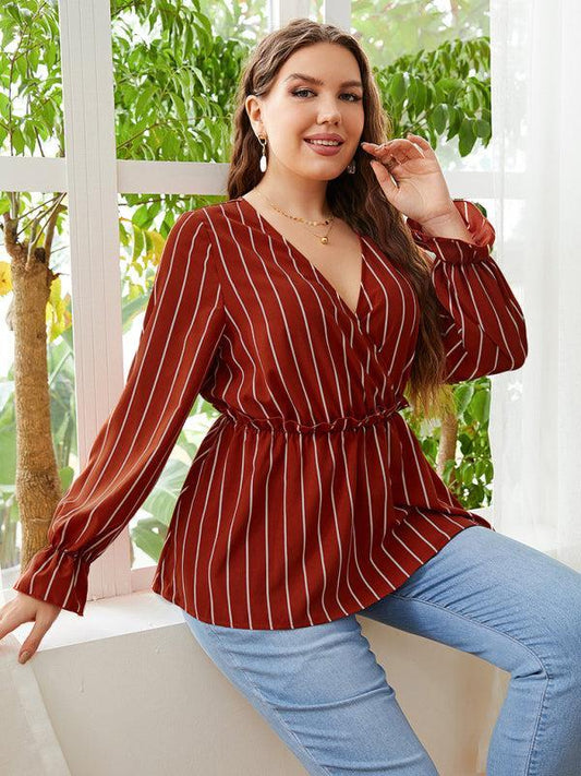Women’s Plus Size Stripe Wrap Long Sleeve Top
