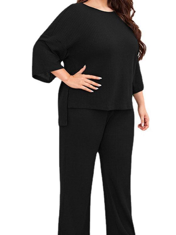 Women's Plus Size Three Quarter Sleeve Ribbed Loungewear Set
