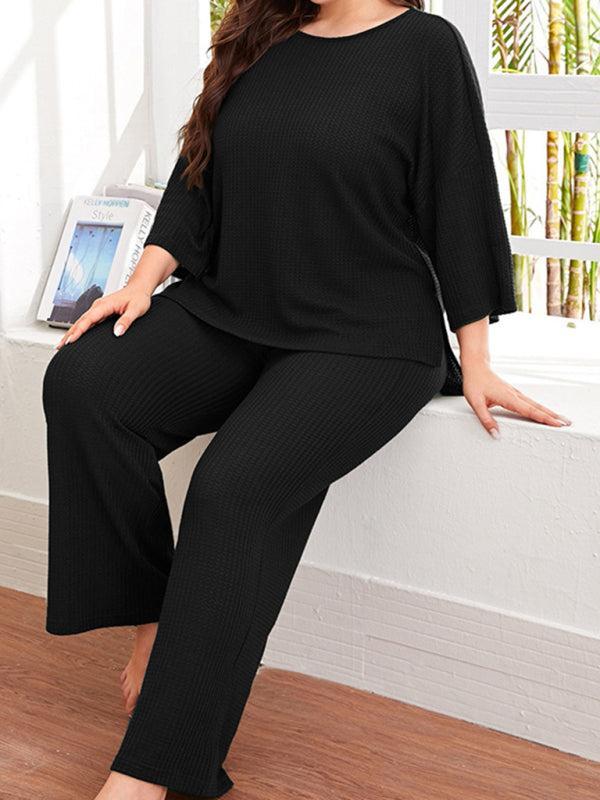 Women's Plus Size Three Quarter Sleeve Ribbed Loungewear Set