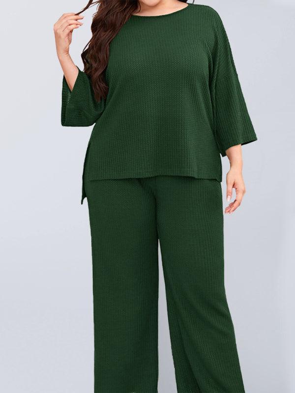 Women's Plus Size Three Quarter Sleeve Ribbed Loungewear Set