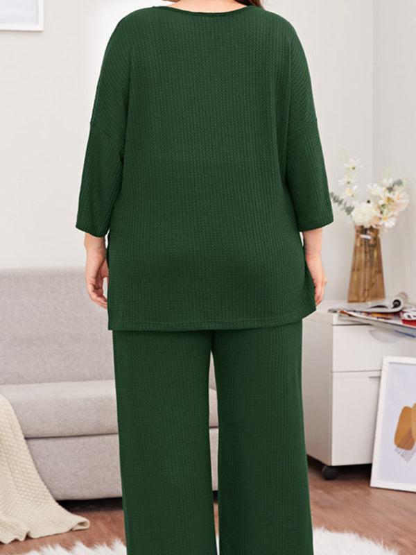 Women's Plus Size Three Quarter Sleeve Ribbed Loungewear Set