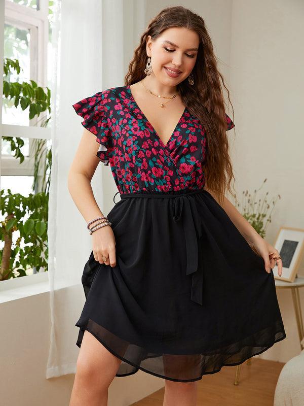 Women's Plus Size V Neck Print And Colour Block Dress With Mesh Detail
