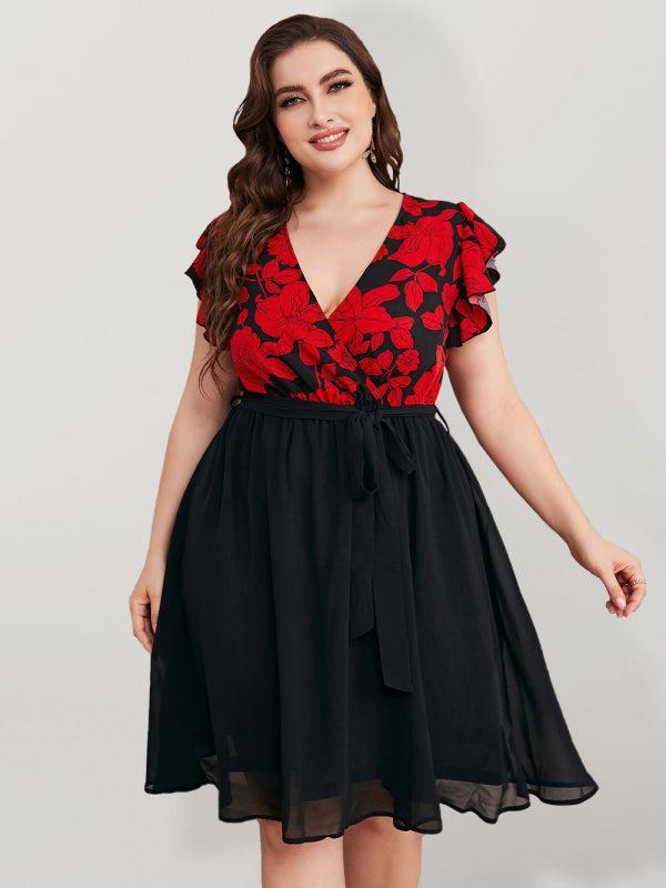 Women's Plus Size V Neck Print And Colour Block Dress With Mesh Detail