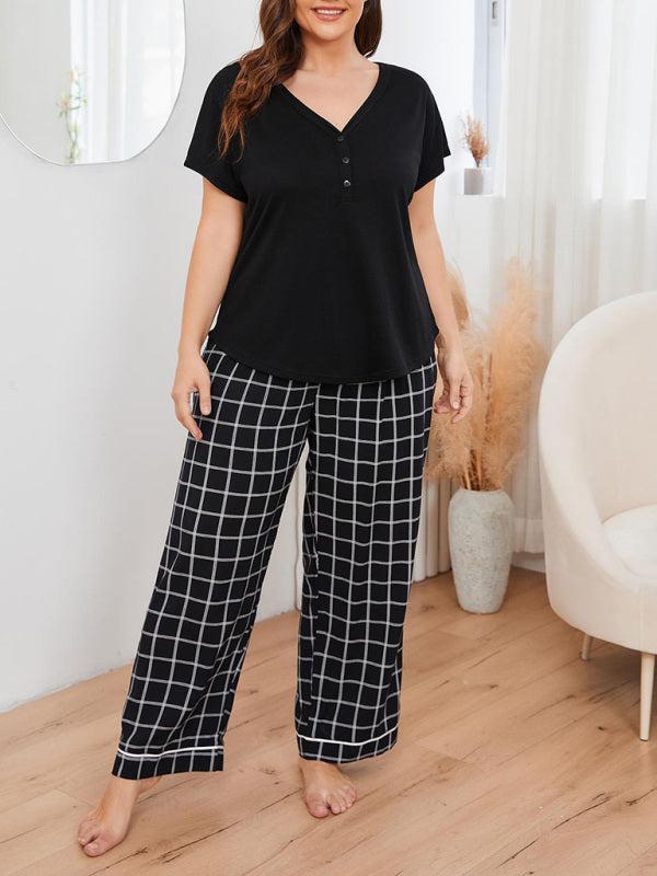 Women's Plus Size V-Neck Short Sleeved T-Shirt And Plaid Trousers Loungewear Set