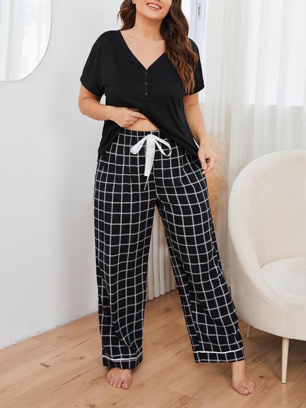 Women's Plus Size V-Neck Short Sleeved T-Shirt And Plaid Trousers Loungewear Set