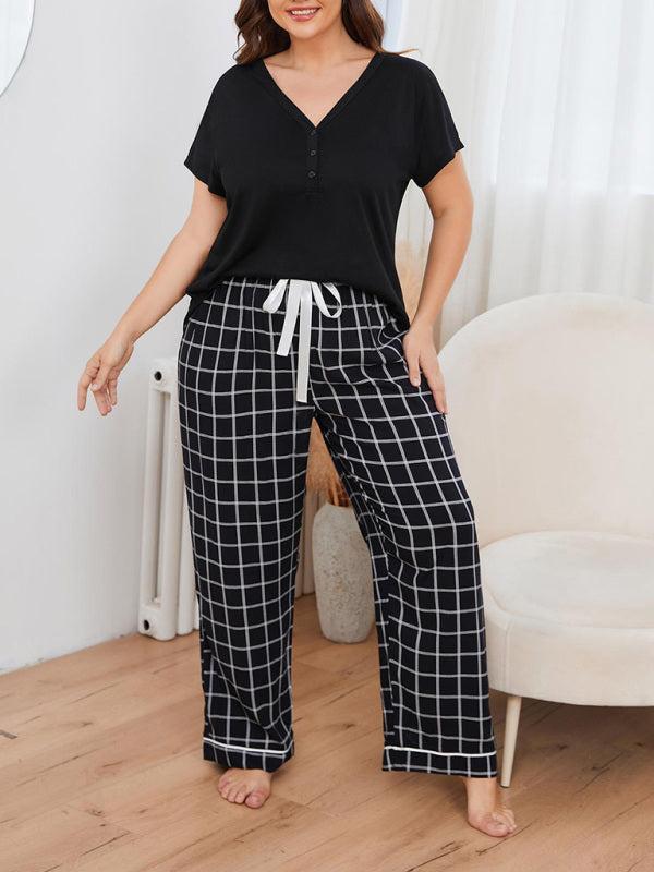 Women's Plus Size V-Neck Short Sleeved T-Shirt And Plaid Trousers Loungewear Set