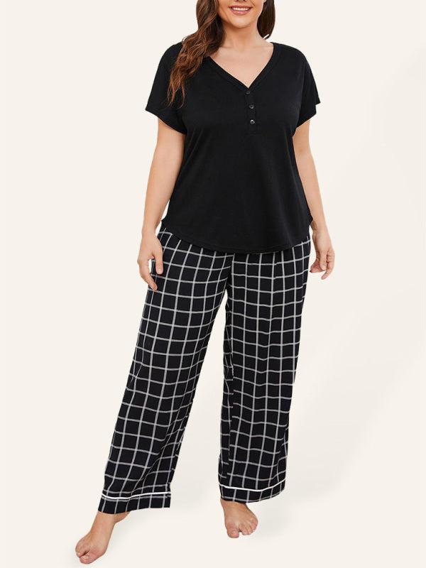 Women's Plus Size V-Neck Short Sleeved T-Shirt And Plaid Trousers Loungewear Set