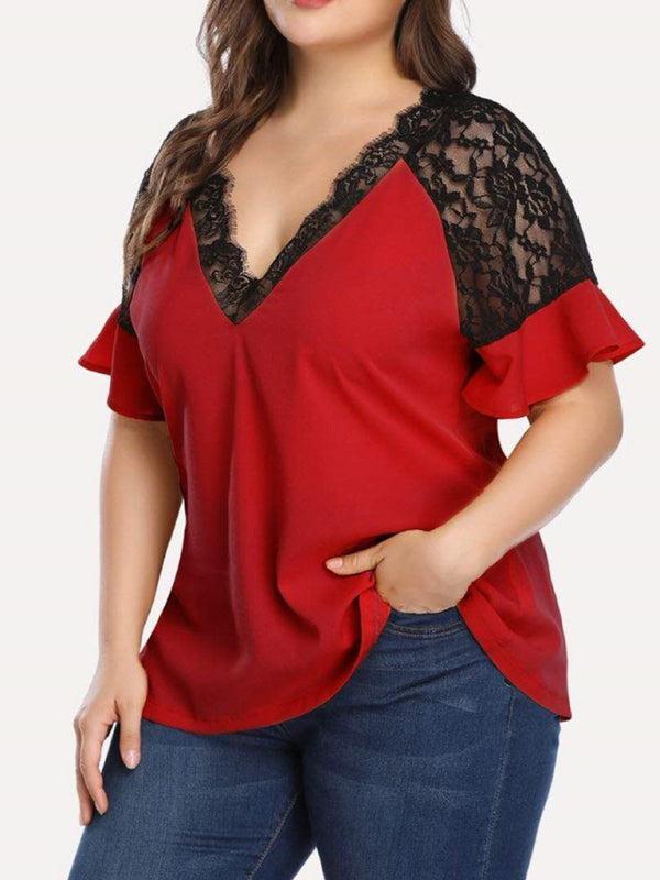 Women's Plus Size V-Neck Short Sleeved Top With Lace Detail