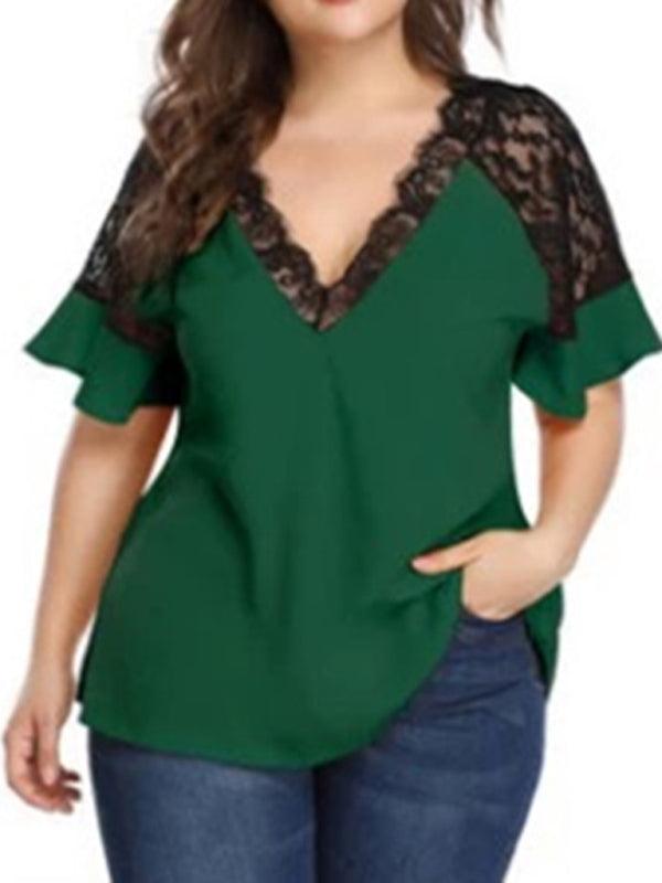 Women's Plus Size V-Neck Short Sleeved Top With Lace Detail
