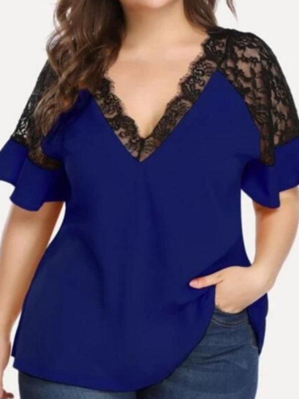 Women's Plus Size V-Neck Short Sleeved Top With Lace Detail