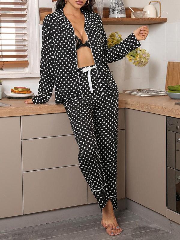 Women's Polka Dot Long Sleeve Button Top And Trousers Loungewear Set