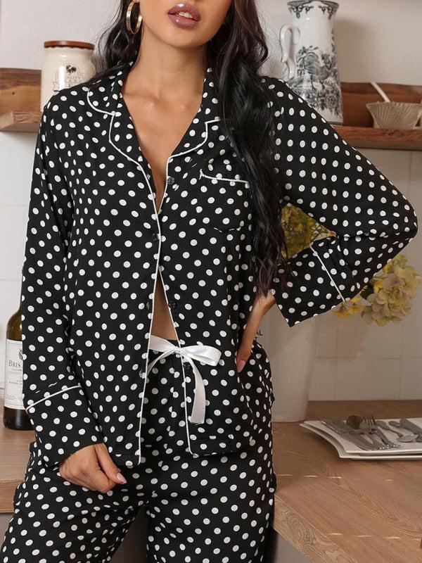 Women's Polka Dot Long Sleeve Button Top And Trousers Loungewear Set
