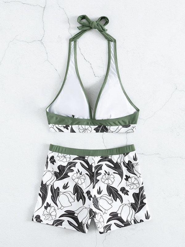 Women's Printed Bikini Top And High Waist Shorts Bottoms Set