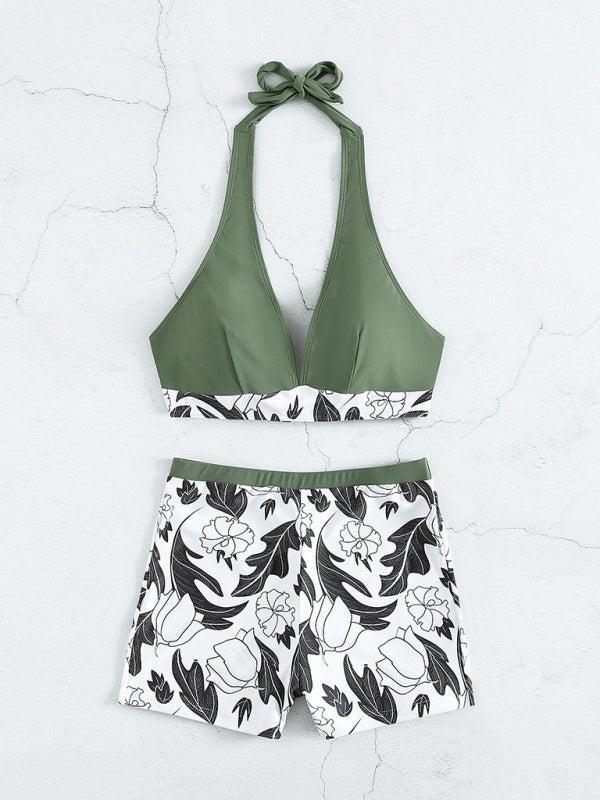 Women's Printed Bikini Top And High Waist Shorts Bottoms Set