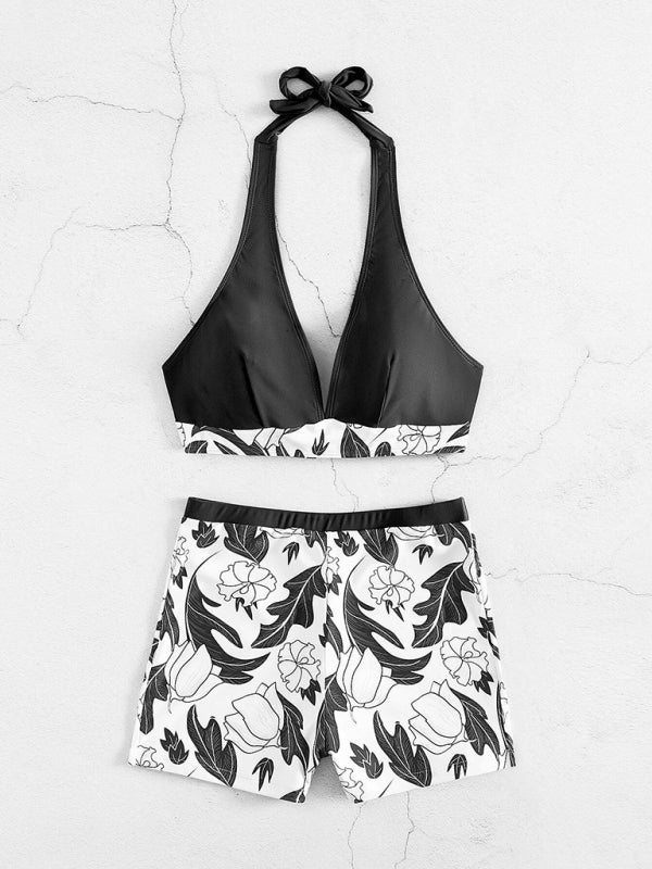 Women's Printed Bikini Top And High Waist Shorts Bottoms Set