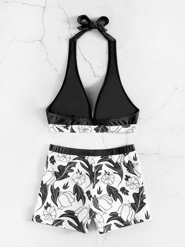 Women's Printed Bikini Top And High Waist Shorts Bottoms Set