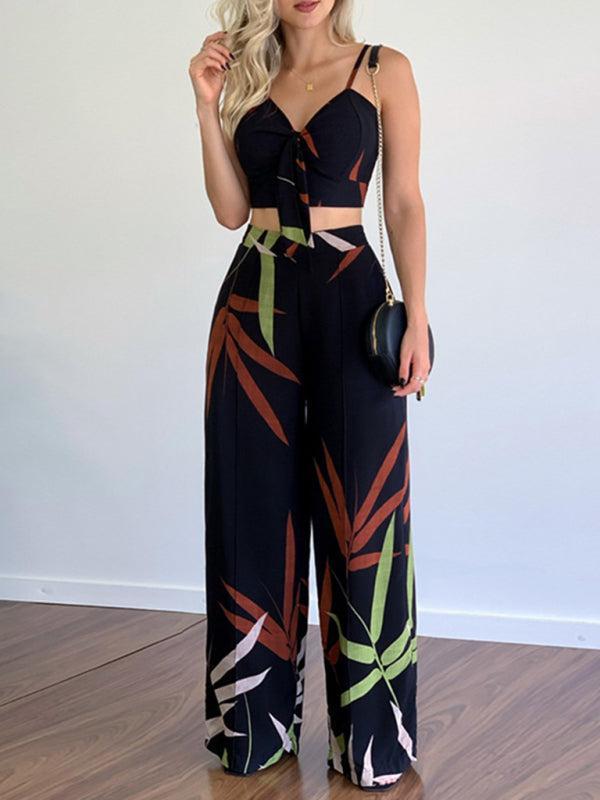 Women's Printed High Waist Wide Leg Trouser And V-Neck Crop Top Set