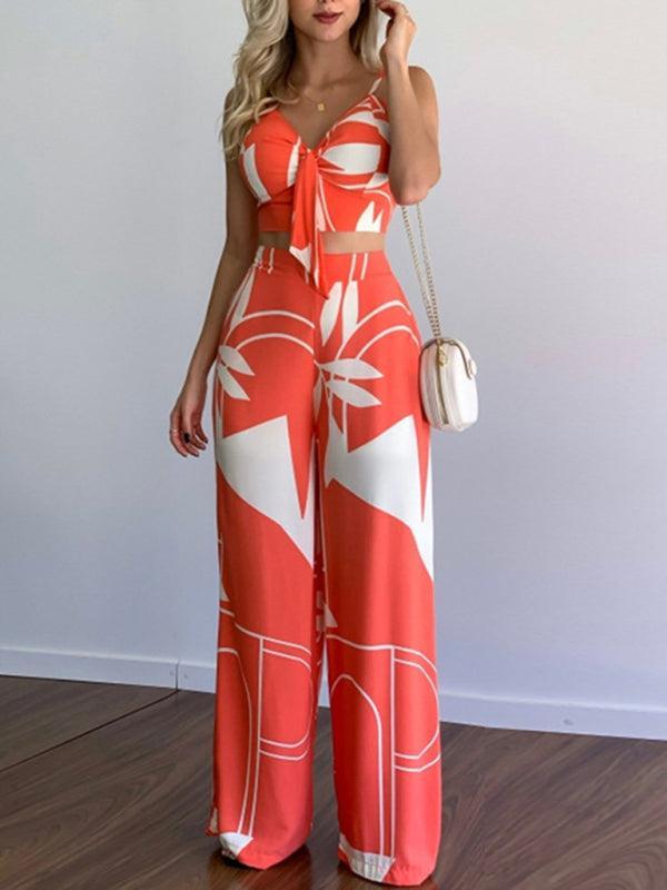 Women's Printed High Waist Wide Leg Trouser And V-Neck Crop Top Set