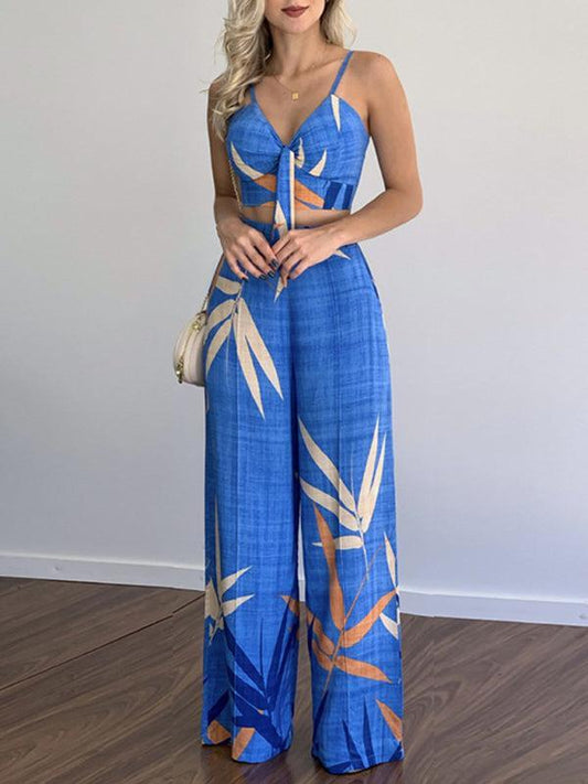 Women's Printed High Waist Wide Leg Trouser And V-Neck Crop Top Set