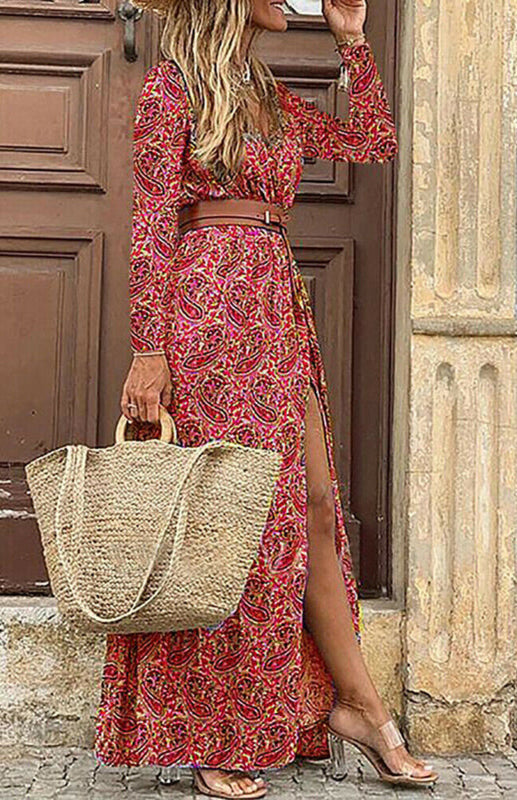 Women's Printed Long Sleeve Side Split Floor Length Dress With Belt