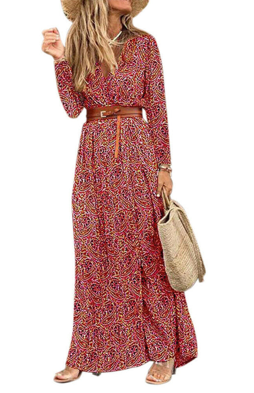 Women's Printed Long Sleeve Side Split Floor Length Dress With Belt