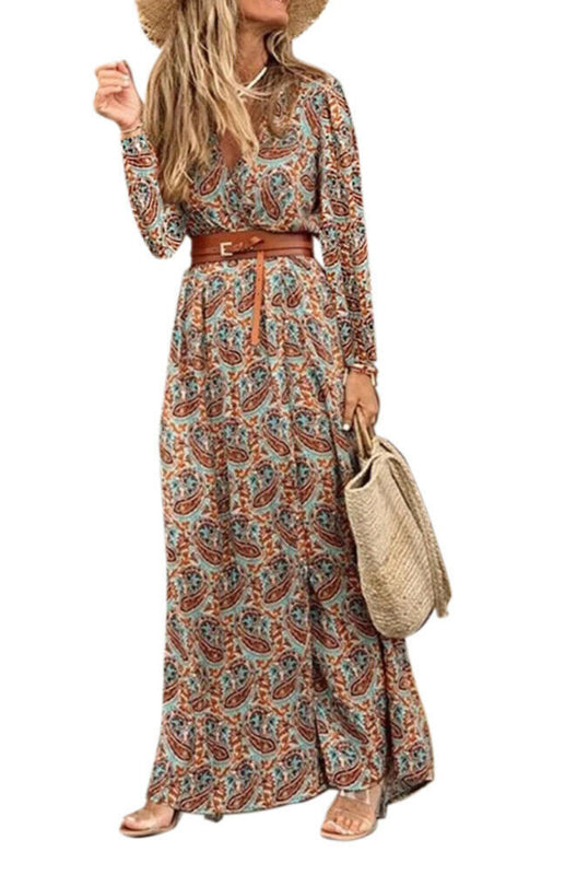 Women's Printed Long Sleeve Side Split Floor Length Dress With Belt