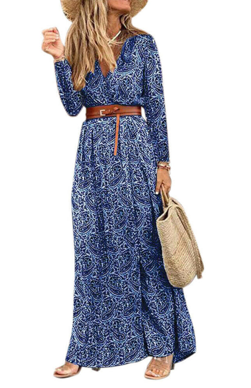 Women's Printed Long Sleeve Side Split Floor Length Dress With Belt