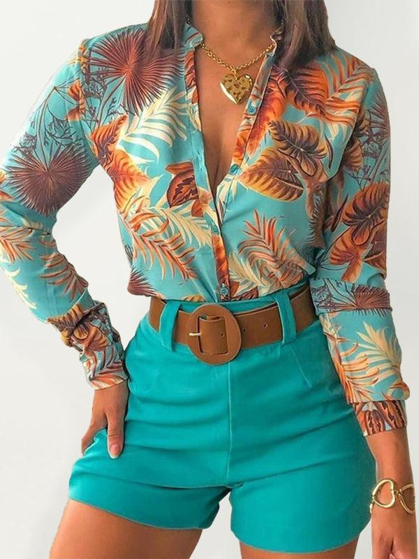 Women's Printed Shirt Stand Collar V-neck Long Sleeve Shirt With Belted Shorts Set