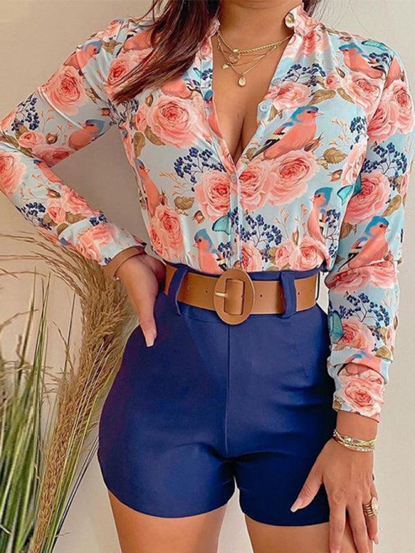 Women's Printed Shirt Stand Collar V-neck Long Sleeve Shirt With Belted Shorts Set