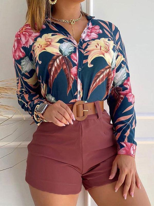 Women's Printed Shirt Stand Collar V-neck Long Sleeve Shirt With Belted Shorts Set