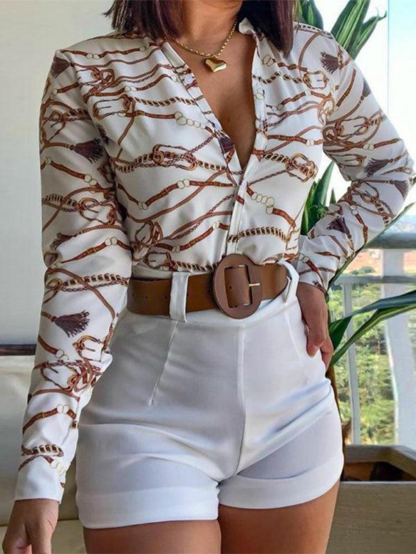 Women's Printed Shirt Stand Collar V-neck Long Sleeve Shirt With Belted Shorts Set
