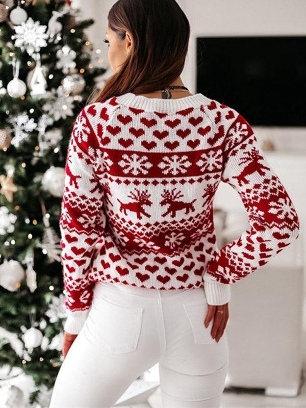 Women's Red And White Christmas Print Crew Neck Jumper