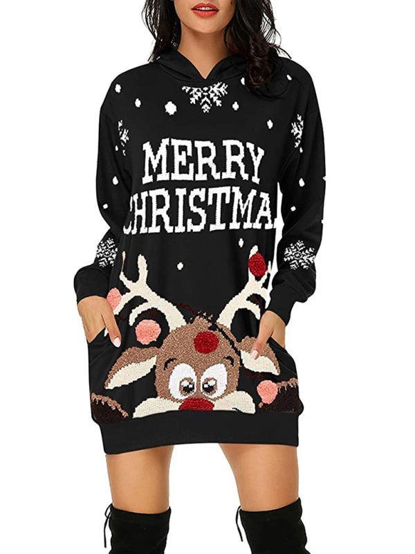 Women's Reindeer Print Mid Length Hooded Christmas Sweater Dress