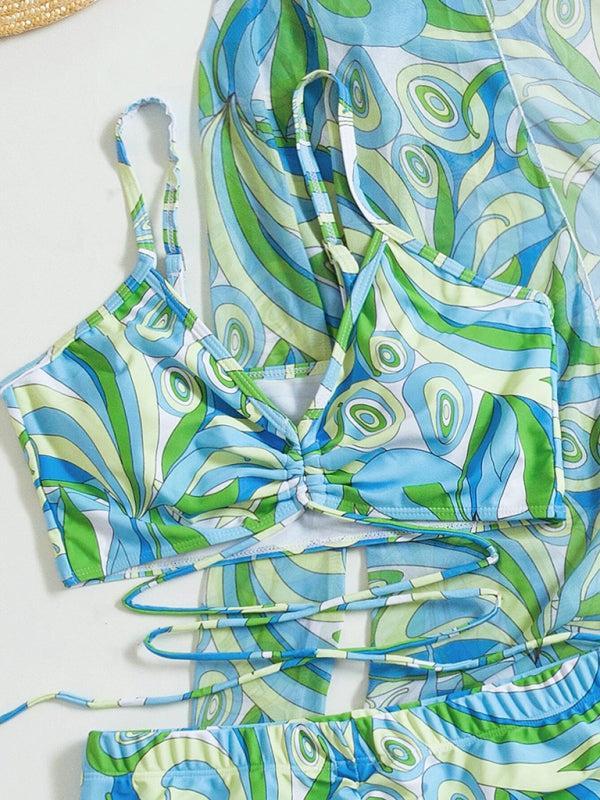 Women's Retro Swimwear Set Featuring Bikini Top, High Waist Short Bottoms and Kimono