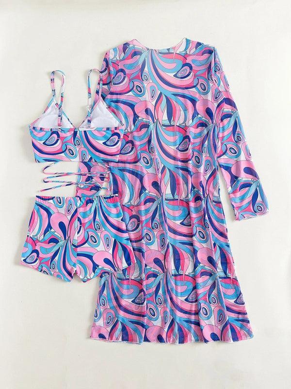 Women's Retro Swimwear Set Featuring Bikini Top, High Waist Short Bottoms and Kimono