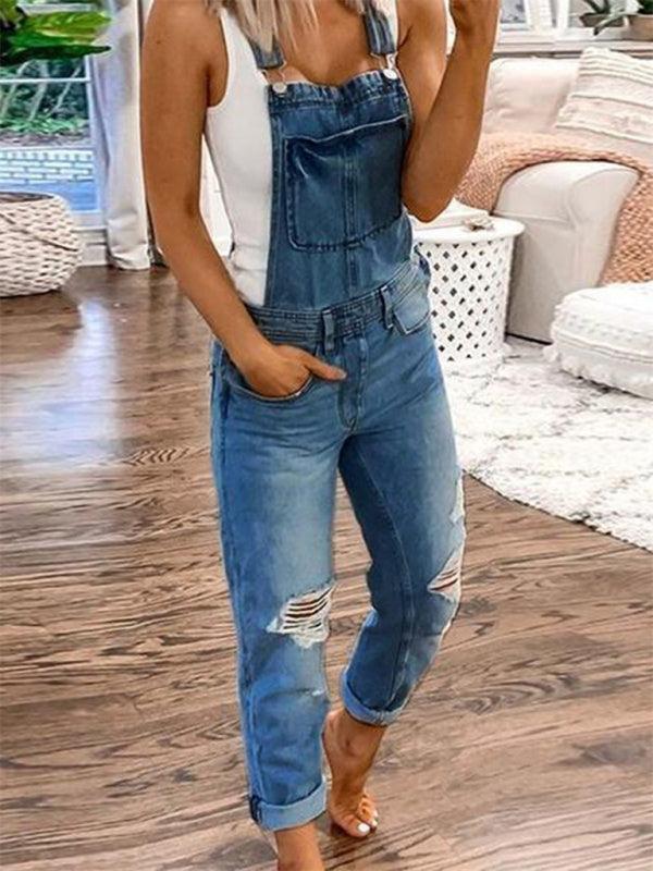 Women's Ripped Denim Dungaree's