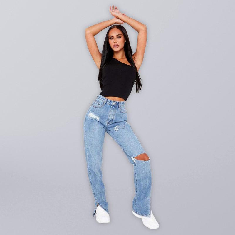 Women's Ripped High Waist Ankle Slits Straight Leg Jeans