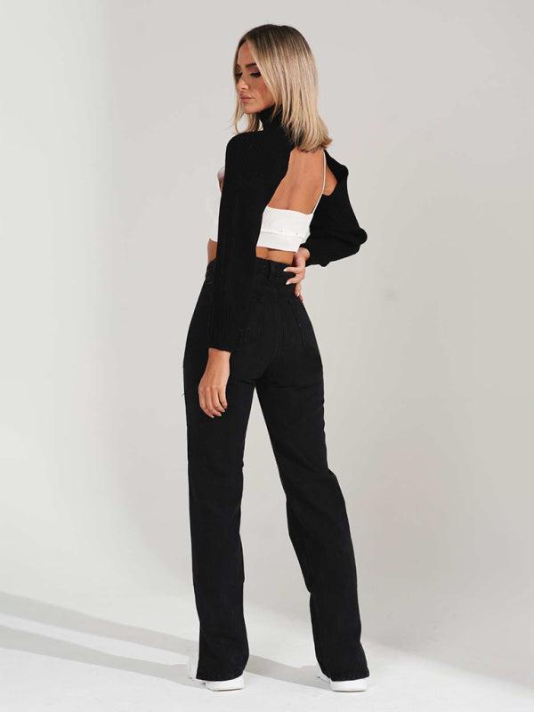 Women's Ripped High Waist Ankle Slits Straight Leg Jeans