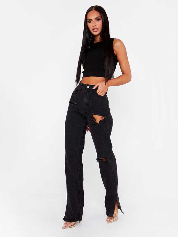 Women's Ripped High Waist Ankle Slits Straight Leg Jeans