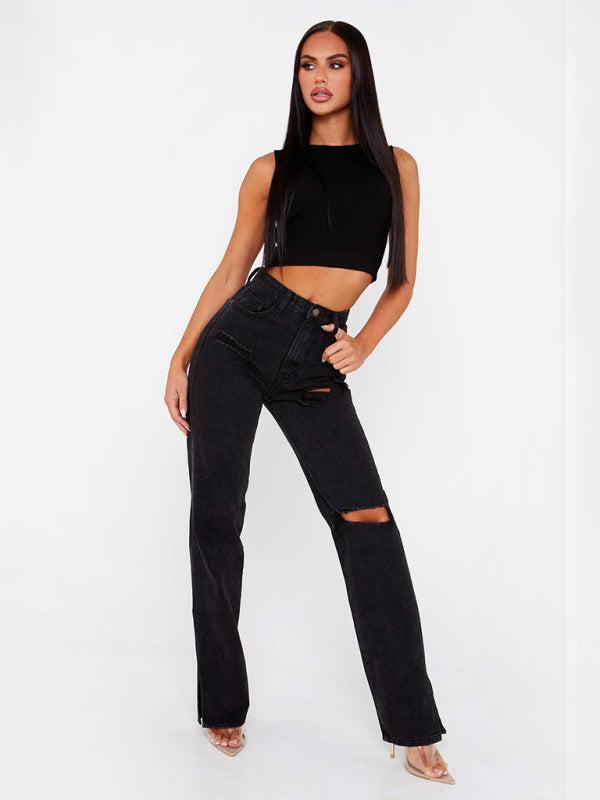 Women's Ripped High Waist Ankle Slits Straight Leg Jeans