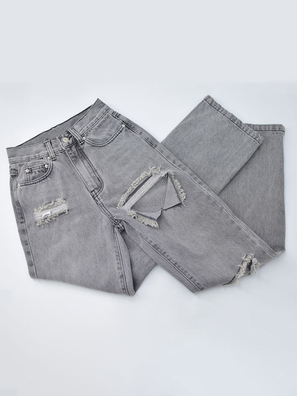 Women's Ripped High Waist Ankle Slits Straight Leg Jeans