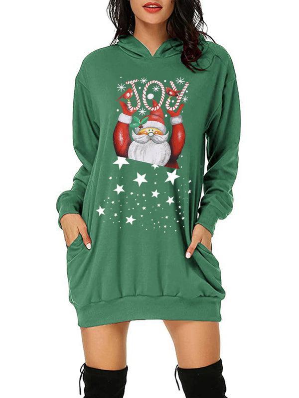 Women's Santa Print Mid Length Hooded Sweater Christmas Dress